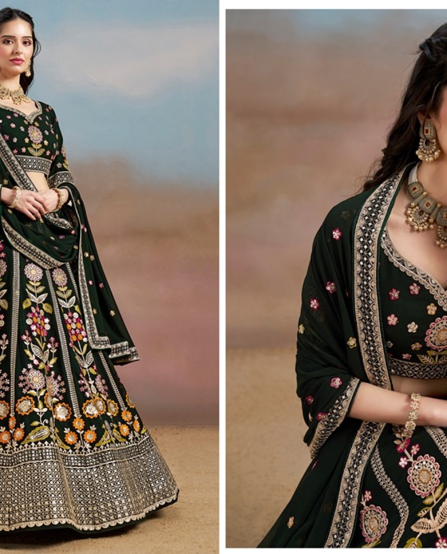 6008-GREEN - Stunning Green Thread Work Georgette Engagement Wear Lehenga With Blouse